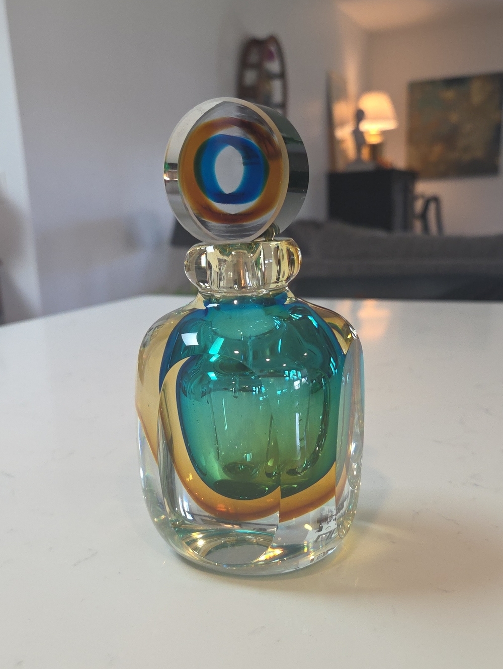 Murano Teal and Amber Art Glass Scent Bottle with Bullseye Stopper